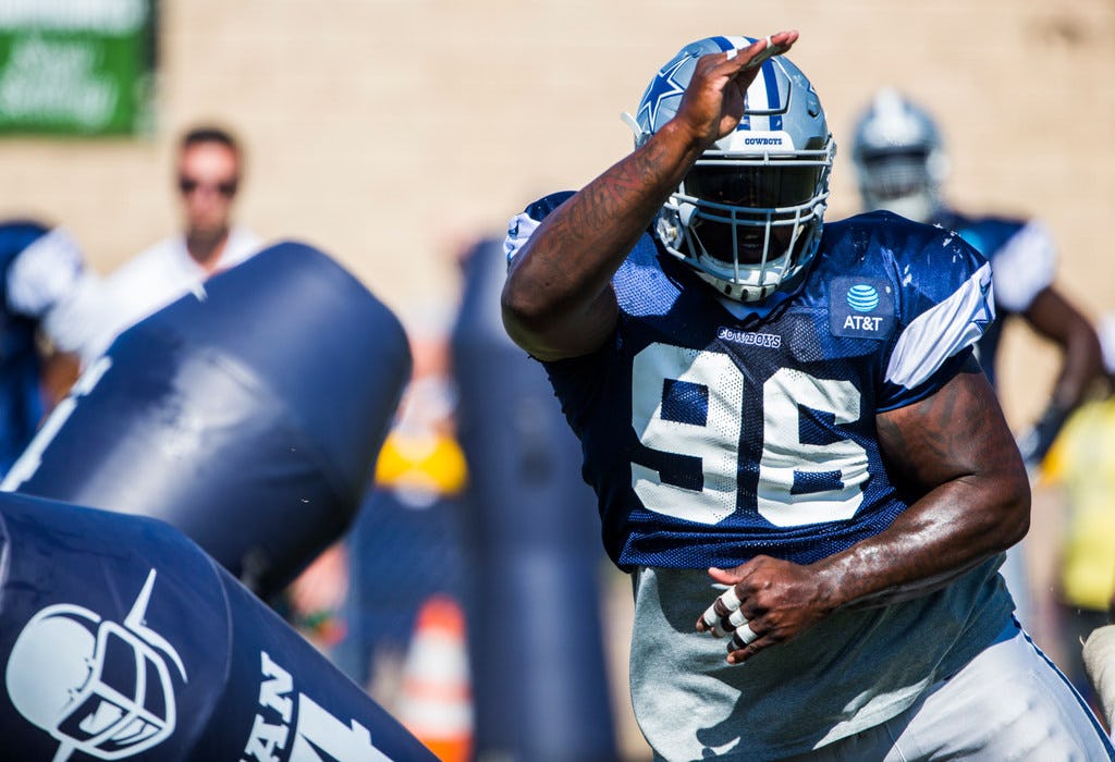 Dallas Cowboys defensive tackle Maliek Collins (96) attacks a dummy during an afternoon practice at training camp in Oxnard, California on Thursday, August 1, 2019. (Ashley Landis/The Dallas Morning News)
